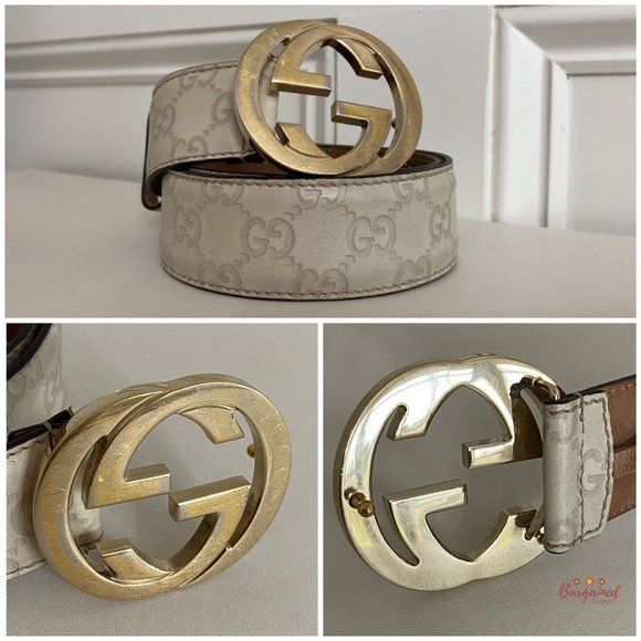 Authentic Gucci Cream Guccissima Leather Gold Interlocking G Buckle Belt 85/34 - Picture 2 of 13